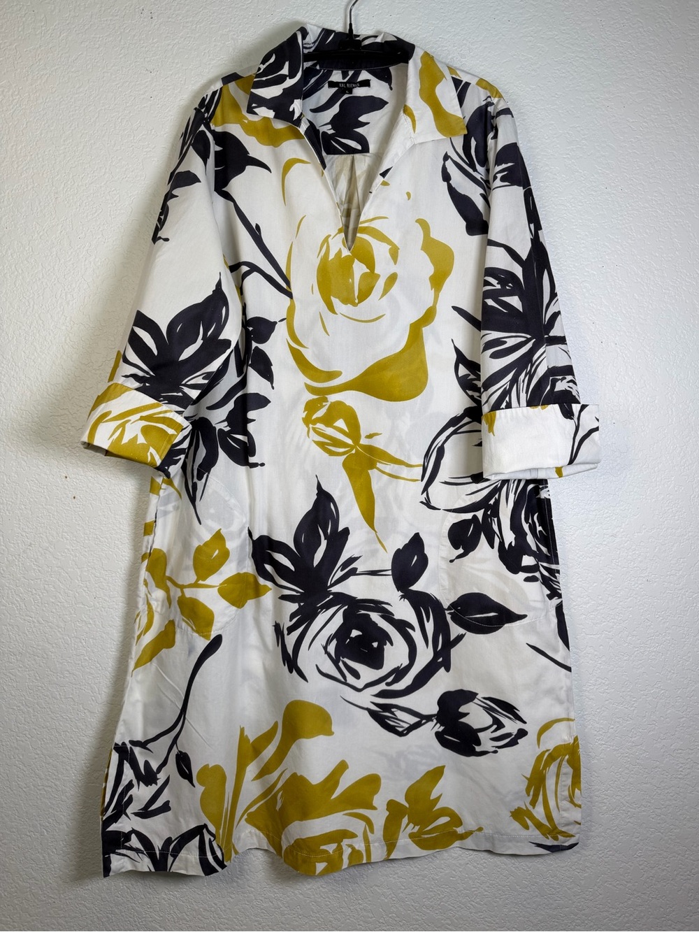 Kal Rieman White Floral Shift Dress with Black & Mustard Print, Size L